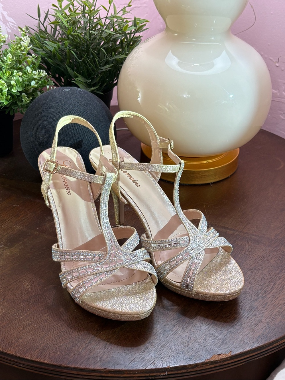Elegant Gold T-Strap Rhinestone High Heel Sandals - Women